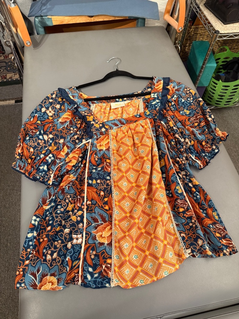 Maeve Navy and Orange Patchwork Peasant Blouse